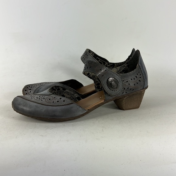 Rieker grey leather floral cut out Mary Jane minimalist heels women’s size 7 - Picture 5 of 9